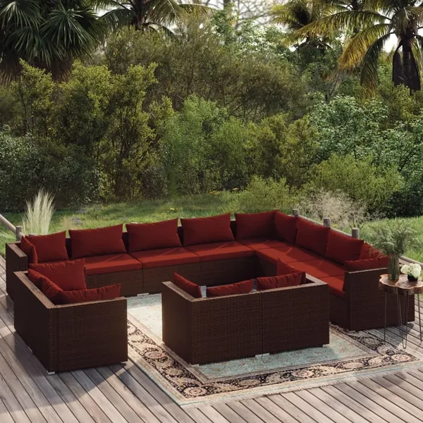 Salon de jardin 12 pcs avec coussins Marron Résine tressée