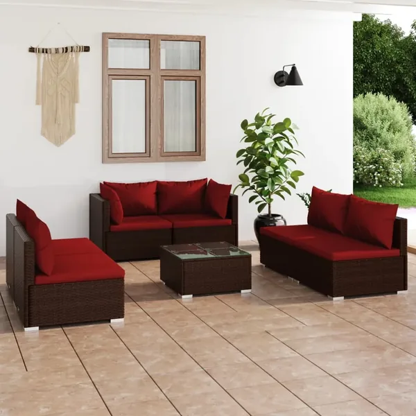 Salon de jardin 7 pcs avec coussins Résine tressée Marron