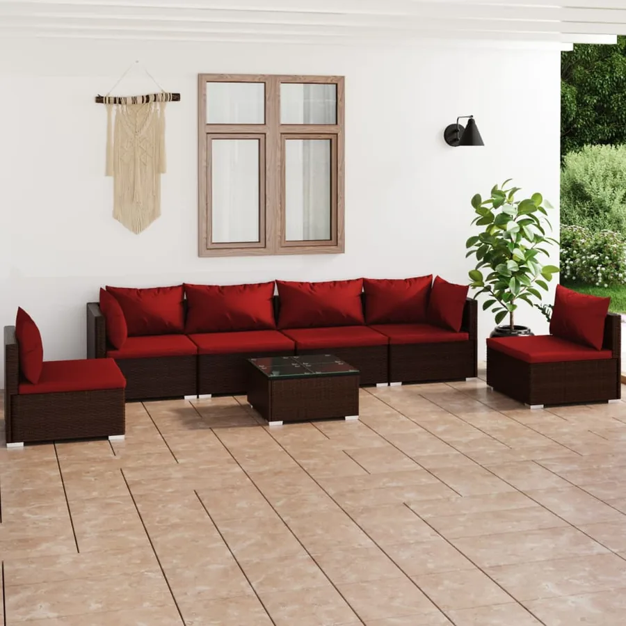 Salon de jardin 7 pcs avec coussins Résine tressée Marron