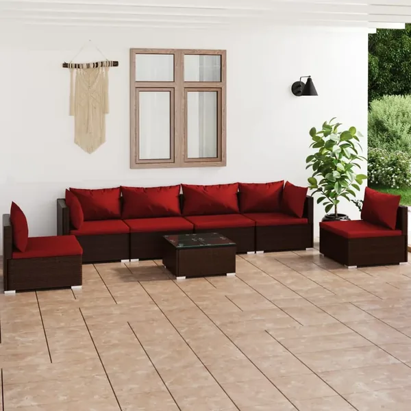 Salon de jardin 7 pcs avec coussins Résine tressée Marron