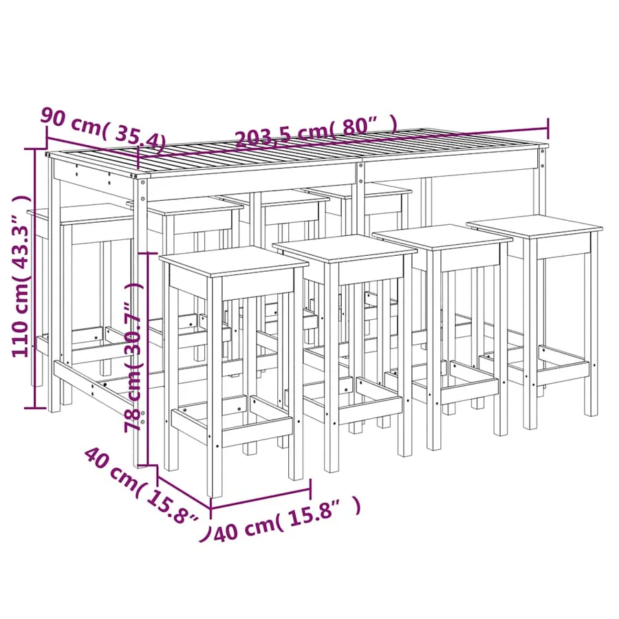 Ensemble de bar de jardin 9 pcs blanc bois de pin massif - 10