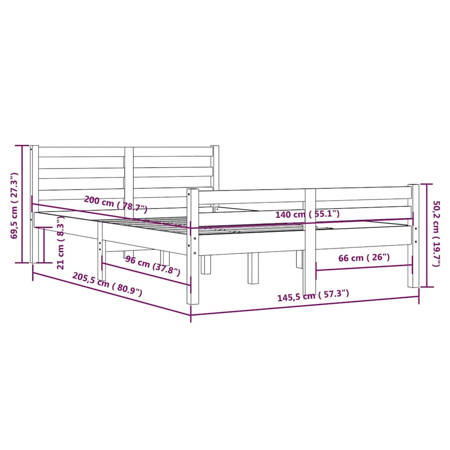 Cadre de lit sans matelas gris bois massif 140x200 cm - 10