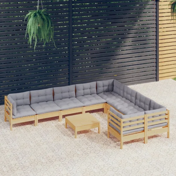 Salon de jardin 10 pcs avec coussins gris Bois de pin