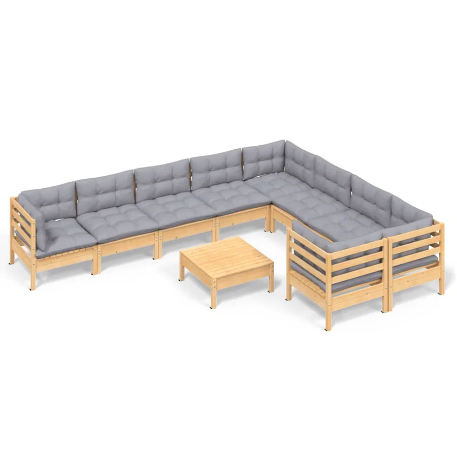 Salon de jardin 10 pcs avec coussins gris Bois de pin - 2