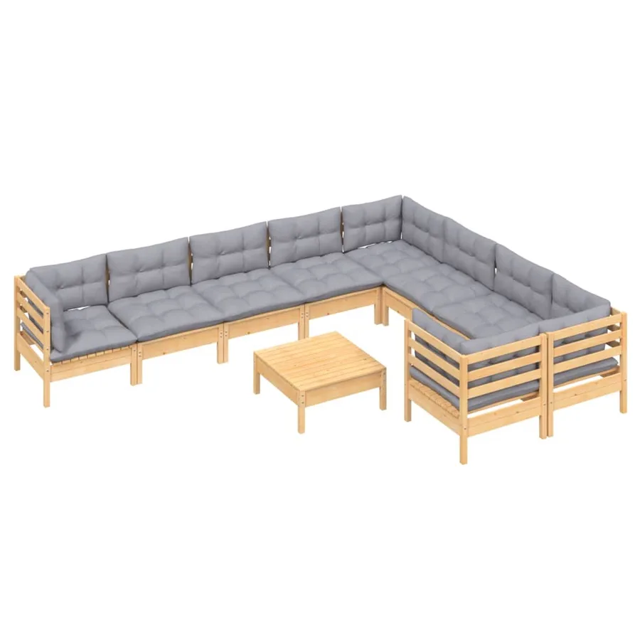 Salon de jardin 10 pcs avec coussins gris Bois de pin - 3
