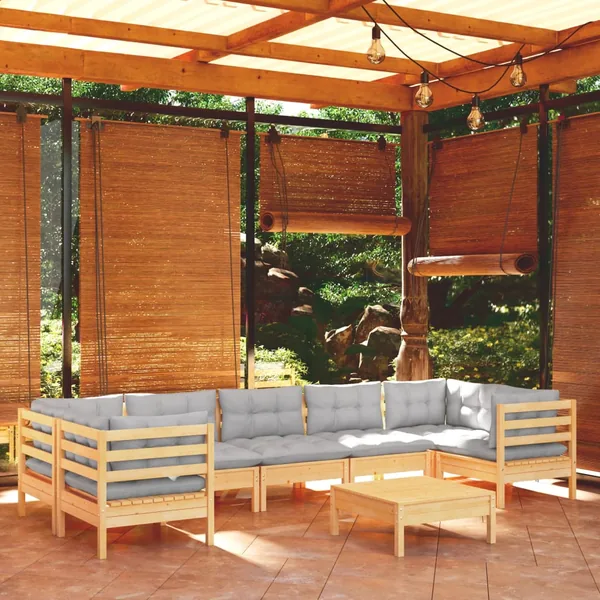 Salon de jardin 8 pcs avec coussins gris Bois de pin