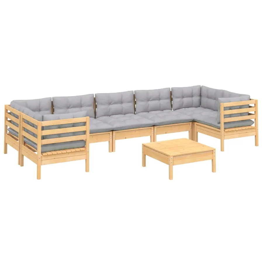 Salon de jardin 8 pcs avec coussins gris Bois de pin - 3