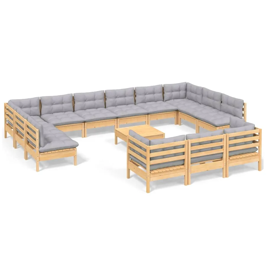 Salon de jardin 14 pcs avec coussins gris Bois de pin - 2