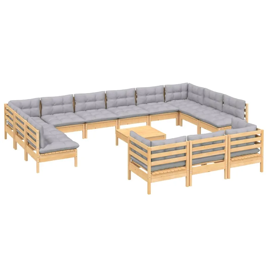 Salon de jardin 14 pcs avec coussins gris Bois de pin - 3