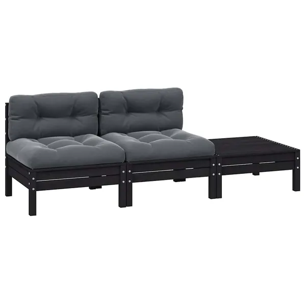 Salon de jardin 3 pcs avec coussins Noir Bois de pin massif