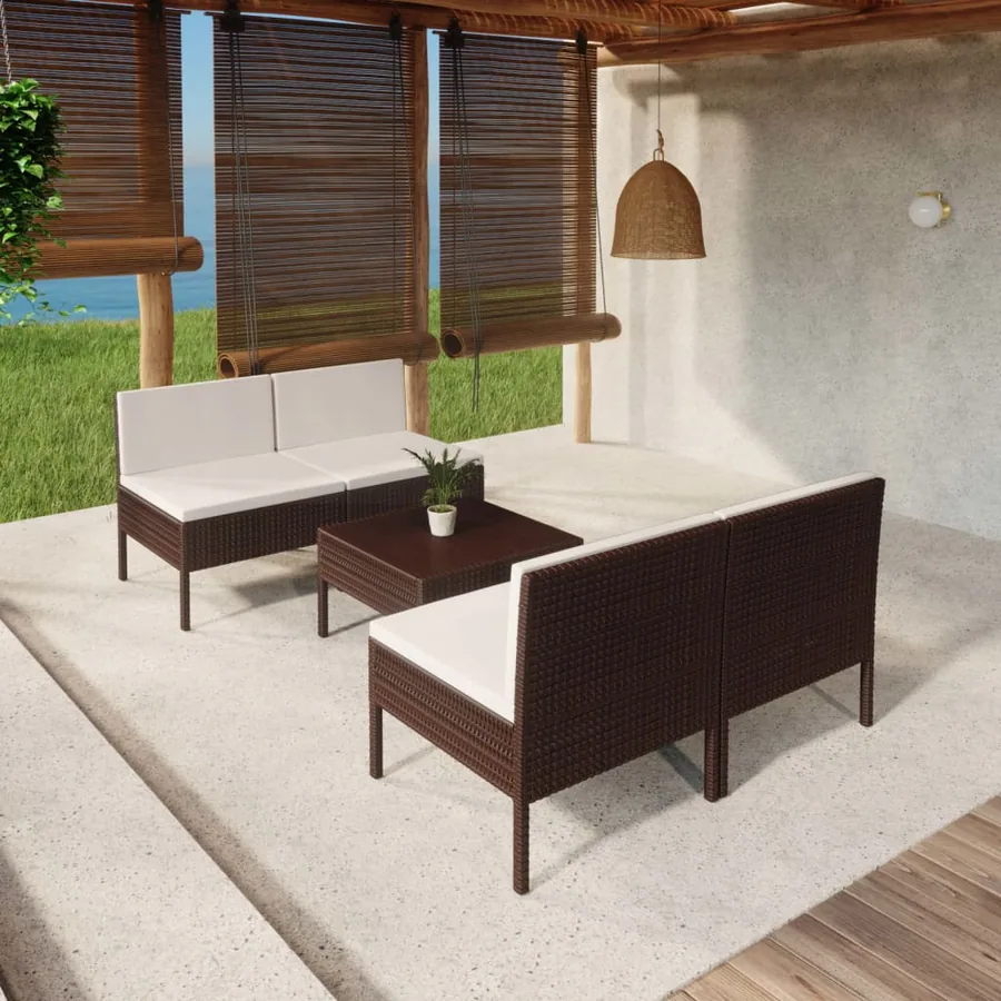 Salon de jardin 5 pcs avec coussins résine tressée marron