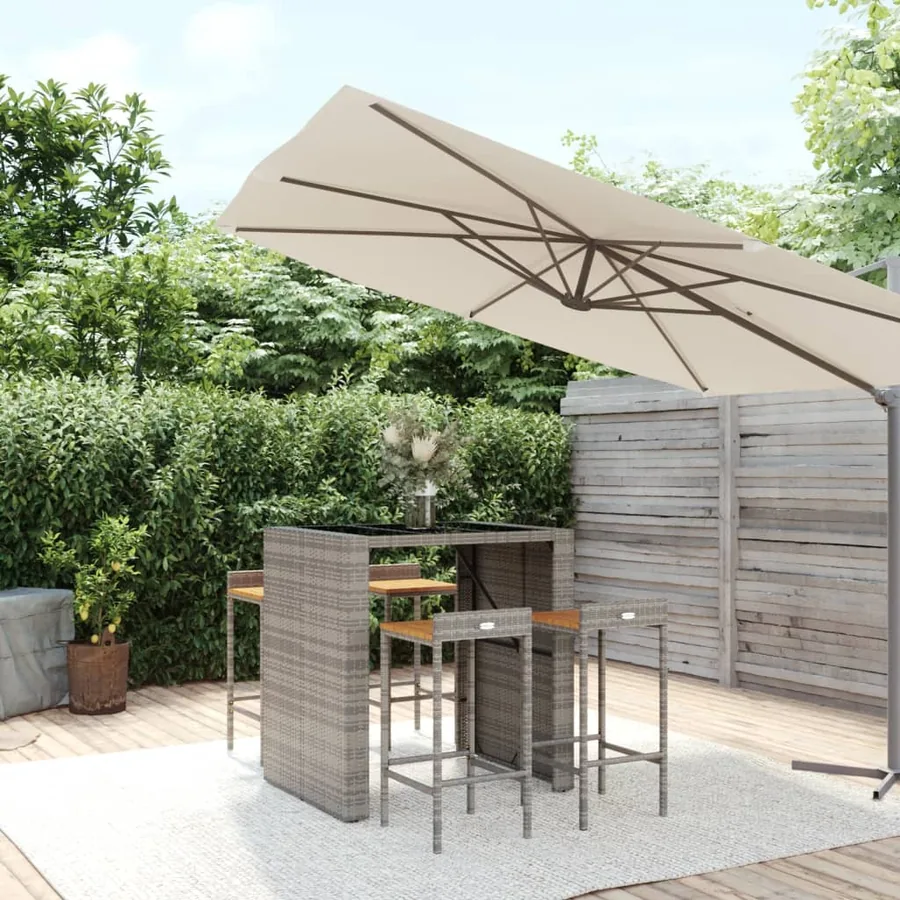 Ensemble de bar jardin 5 pcs gris poly rotin/bois massif acacia