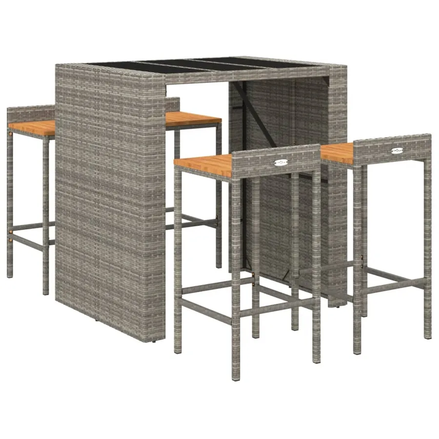 Ensemble de bar jardin 5 pcs gris poly rotin/bois massif acacia - 3