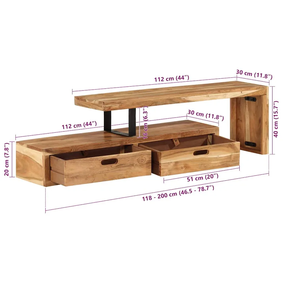 Meuble TV (118-200) x 30 x 40 cm Bois massif d'acacia - 8