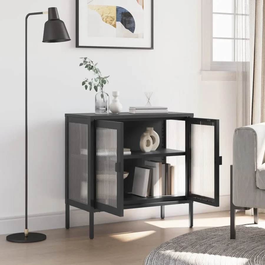 Buffet noir 70x35x70 cm verre et acier - 3
