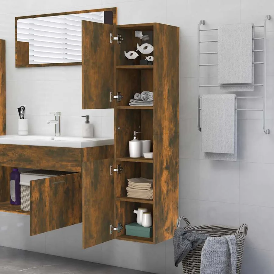 Armoire de bain Chêne fumé 30x30x130 cm Bois d'ingénierie - 4