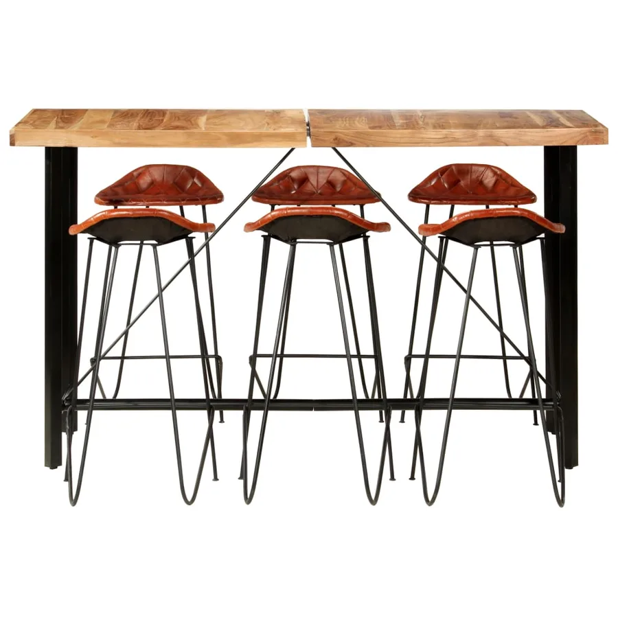 Ensemble de bar 7 pcs Bois solide et cuir véritable - 2