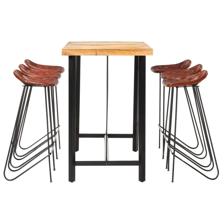Ensemble de bar 7 pcs Bois solide et cuir véritable - 3