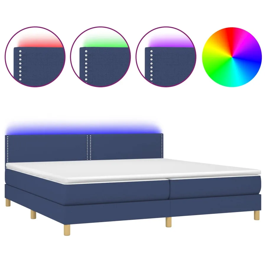 Sommier à lattes de lit et matelas et LED Bleu 200x200 cm Tissu - 2