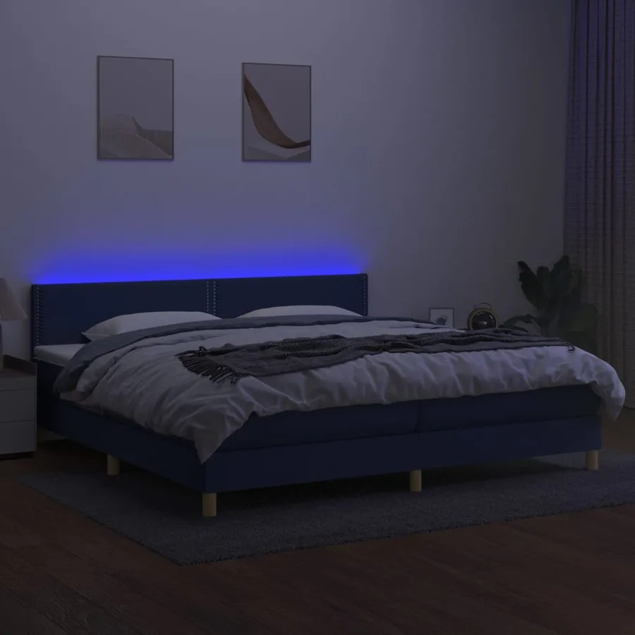 Sommier à lattes de lit et matelas et LED Bleu 200x200 cm Tissu - 3