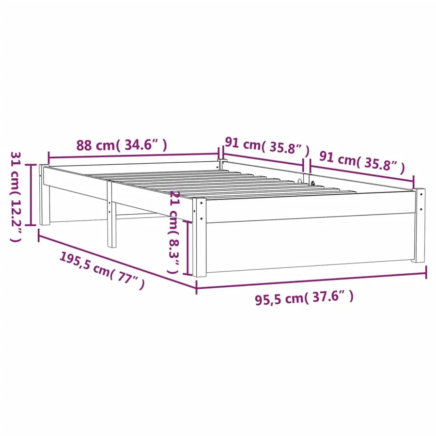 Cadre de lit sans matelas noir bois massif 90x190 cm - 10