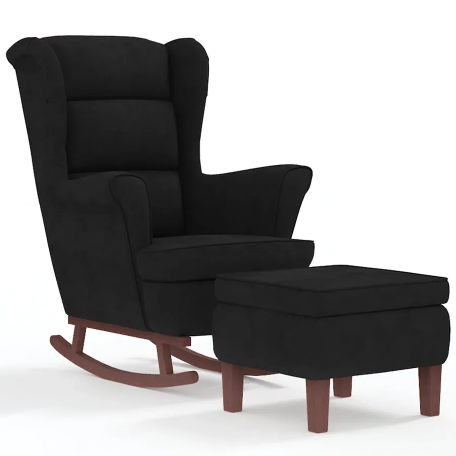 Fauteuil à bascule à oreilles en velours noir bois massif - 2