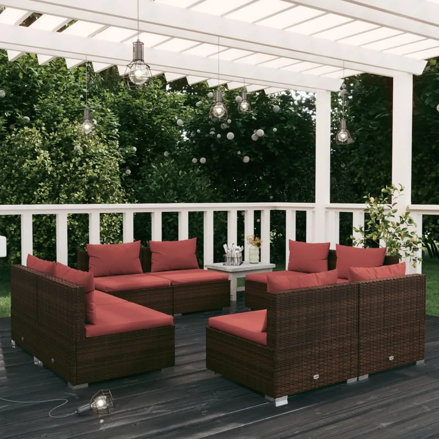 Salon de jardin 8 pcs avec coussins résine tressée marron