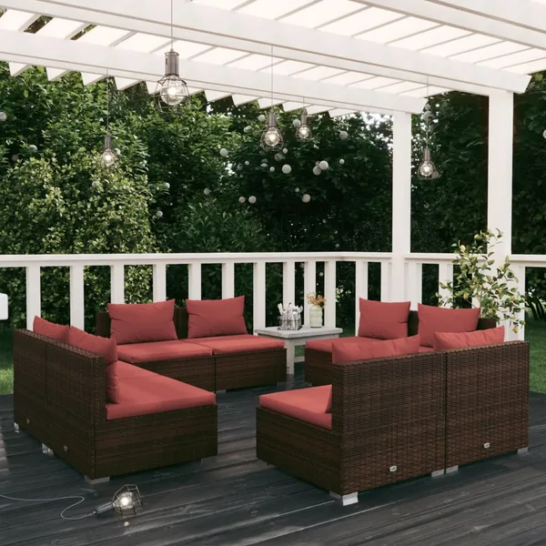 Salon de jardin 8 pcs avec coussins résine tressée marron