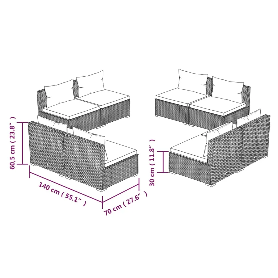 Salon de jardin 8 pcs avec coussins résine tressée marron - 5