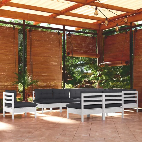 Salon de jardin 10 pcs avec coussins blanc bois de pin massif
