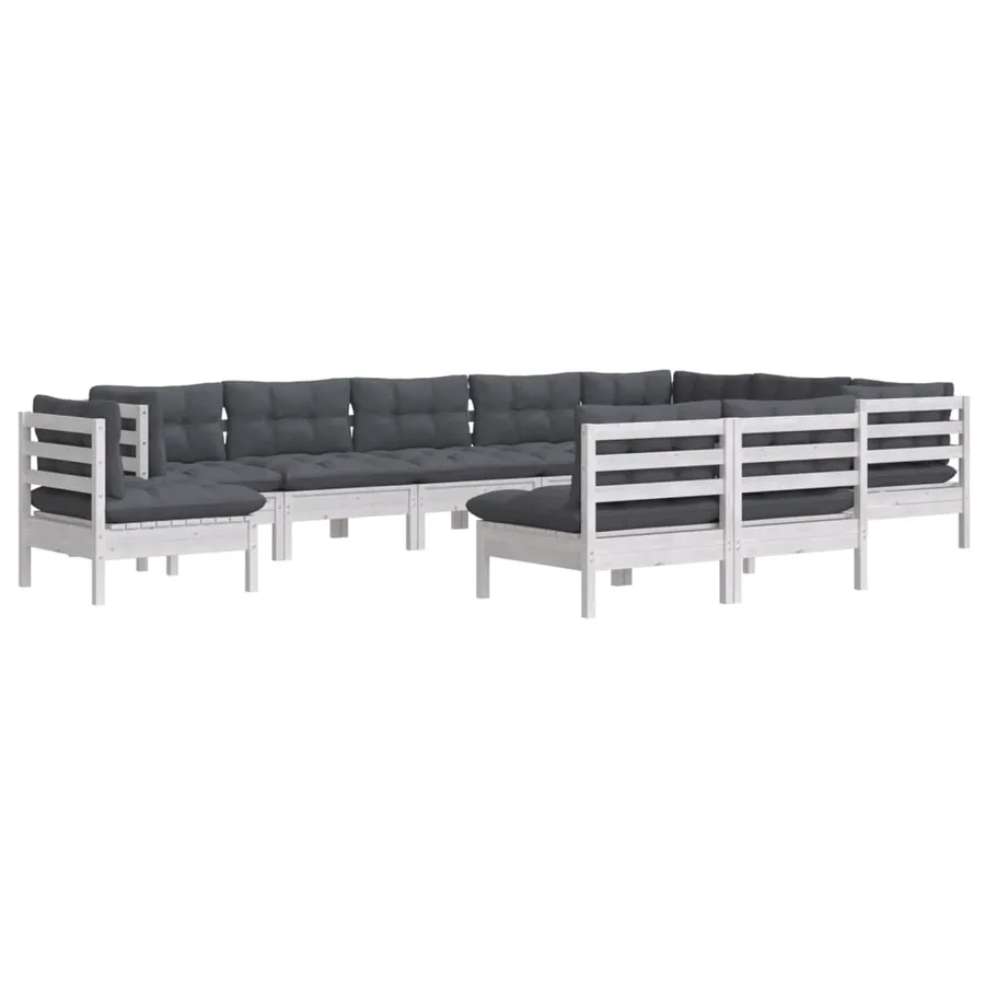 Salon de jardin 10 pcs avec coussins blanc bois de pin massif - 3