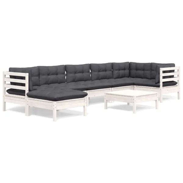 Salon de jardin 8 pcs avec coussins blanc bois de pin massif
