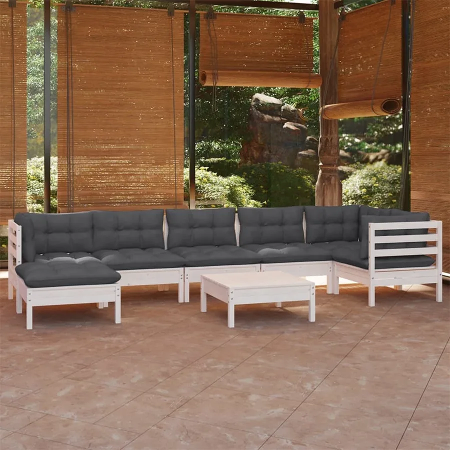Salon de jardin 8 pcs avec coussins blanc bois de pin massif - 2