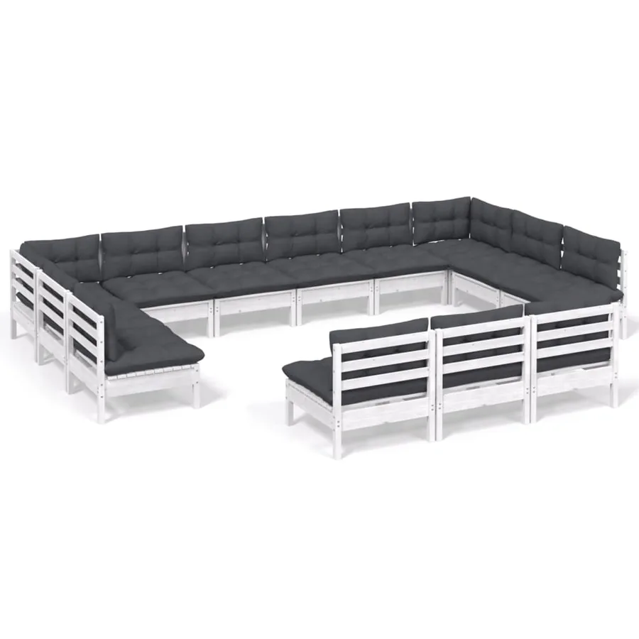 Salon de jardin 13 pcs avec coussins blanc bois de pin solide - 2