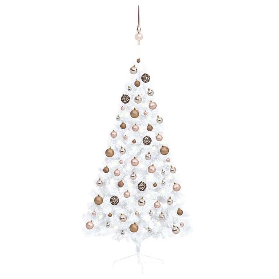 Demi-arbre de Noël artificiel pré-éclairé et boules blanc 150cm