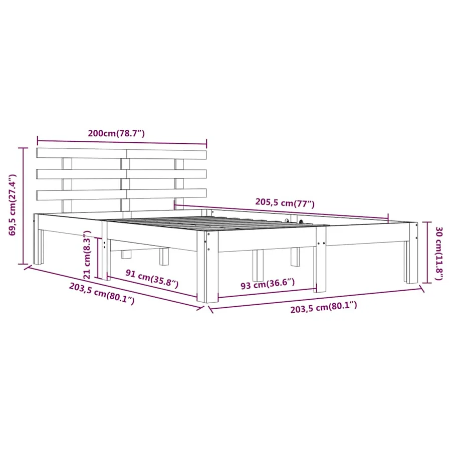 Cadre de lit sans matelas noir bois massif 200x200 cm - 8
