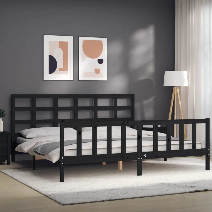 Cadre de lit sans matelas noir 200x200 cm bois massif de pin - 4