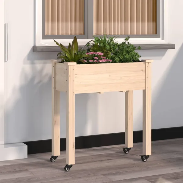 Jardinière sur roues avec doublure 71x37x80 cm bois de sapin