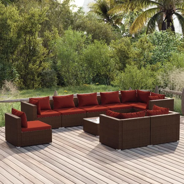Salon de jardin 10 pcs avec coussins Résine tressée Marron