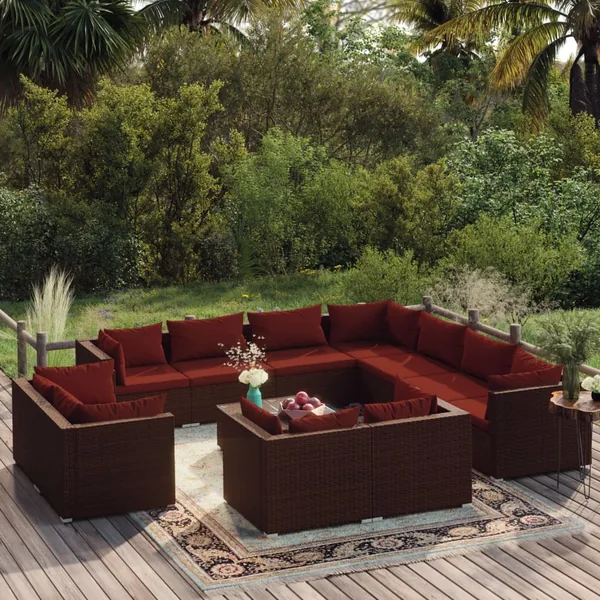 Salon de jardin 12 pcs avec coussins Marron Résine tressée