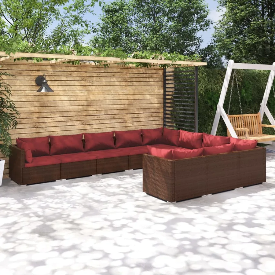 Salon de jardin 10 pcs avec coussins Résine tressée Marron