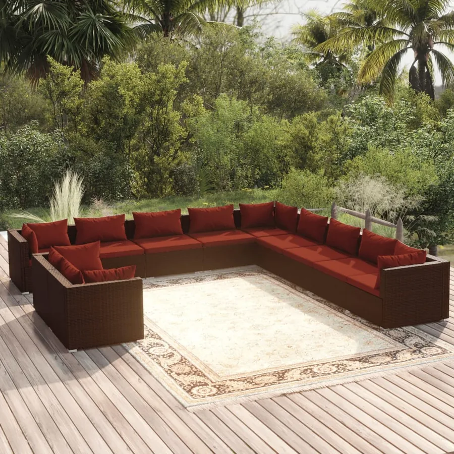 Salon de jardin 11 pcs avec coussins marron résine tressée