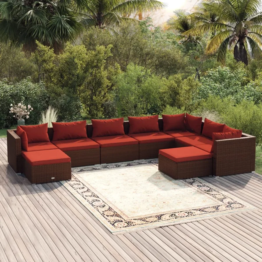 Salon de jardin 9 pcs avec coussins Résine tressée Marron