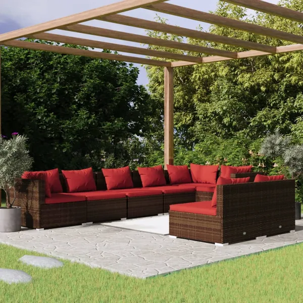 Salon de jardin avec coussins 8 pcs marron résine tressée