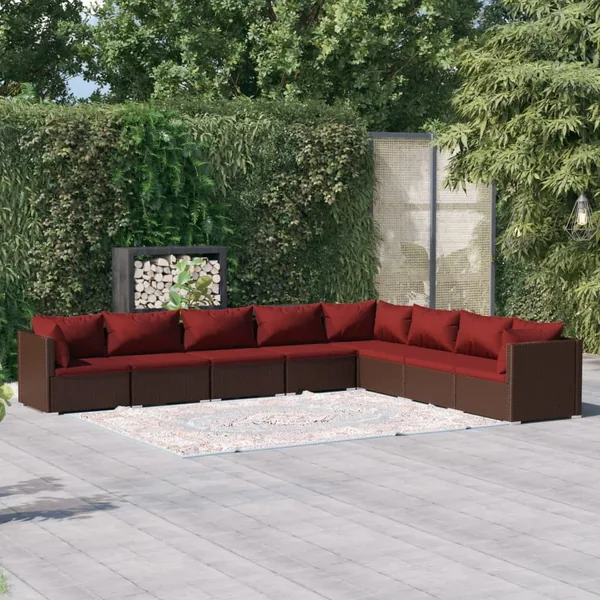 Salon de jardin 8 pcs avec coussins résine tressée marron