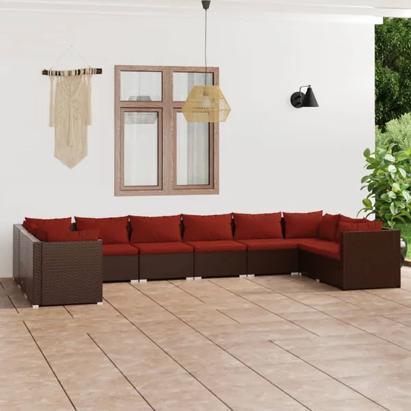 Salon de jardin 10 pcs avec coussins Résine tressée Marron