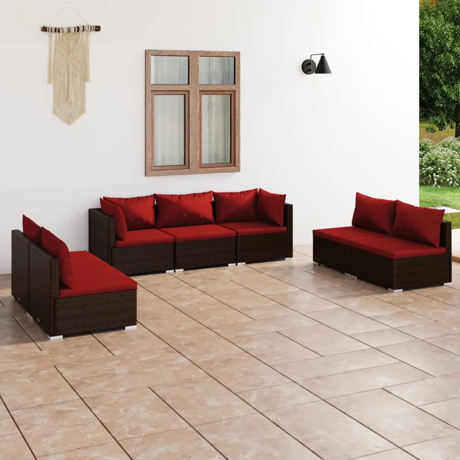 Salon de jardin 7 pcs avec coussins Résine tressée Marron