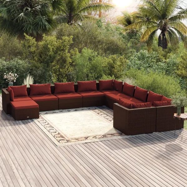 Salon de jardin 11 pcs avec coussins Résine tressée Marron