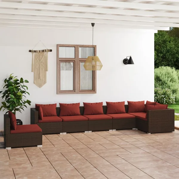 Salon de jardin 7 pcs avec coussins Résine tressée Marron