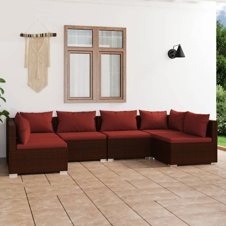 Salon de jardin 6 pcs avec coussins Résine tressée Marron